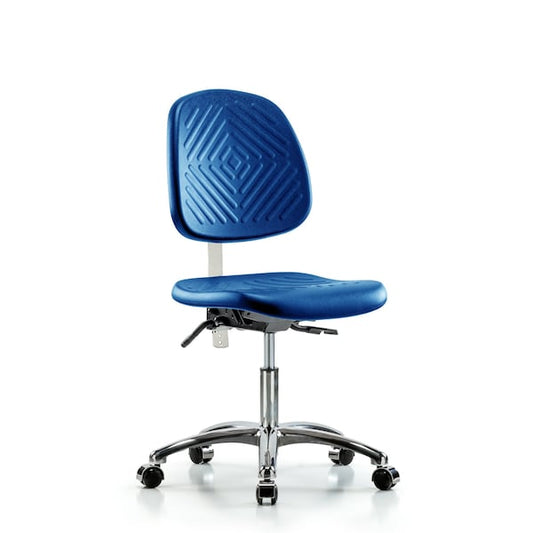 Blue Ridge Ergonomics NCR-PDHCH-MB-CR-T1-A0-CC-BLU Class 100 Polyurethane Clean Room Chair - Desk Height with Medium Back, Seat Tilt, & Casters in Blue Polyurethane