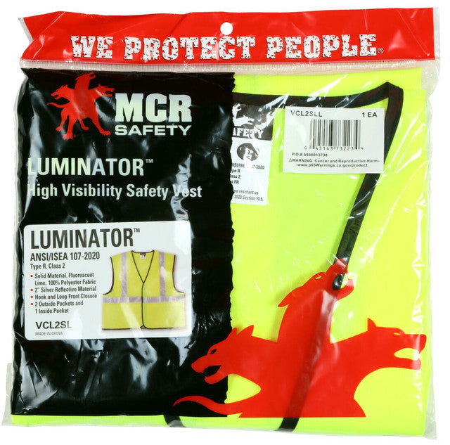 MCR Safety VCL2SLL Luminator® Series Hi-Vis Reflective Lime Safety Vest Meets ANSI/ISEA 107 2020 Standard Type R Class 2 Compliant  Solid Fabric with 2 Inch Silver Stripes Hook and Loop Front Closure (1 EA)