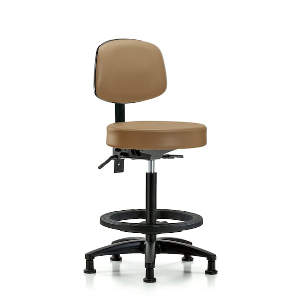 Blue Ridge Ergonomics VHBST-RG-T0-BF-RG-8584 Rutledge Vinyl Stool with Back - High Bench Height with Black Foot Ring & Stationary Glides in Taupe Trailblazer™ Vinyl