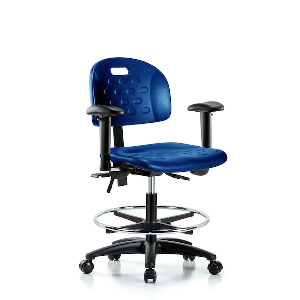 Blue Ridge Ergonomics HPMBCH-RG-T0-A1-CF-RC-BLU Newport Industrial Polyurethane Chair - Medium Bench Height with Adjustable Arms, Chrome Foot Ring, & Casters in Blue Polyurethane