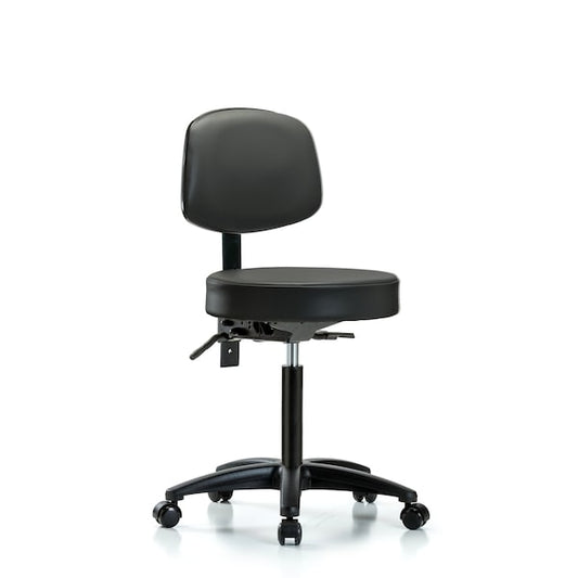 Blue Ridge Ergonomics VMBST-RG-T0-NF-RC-8823 Rutledge Vinyl Stool with Back - Medium Bench Height with Casters in Carbon Supernova™ Vinyl