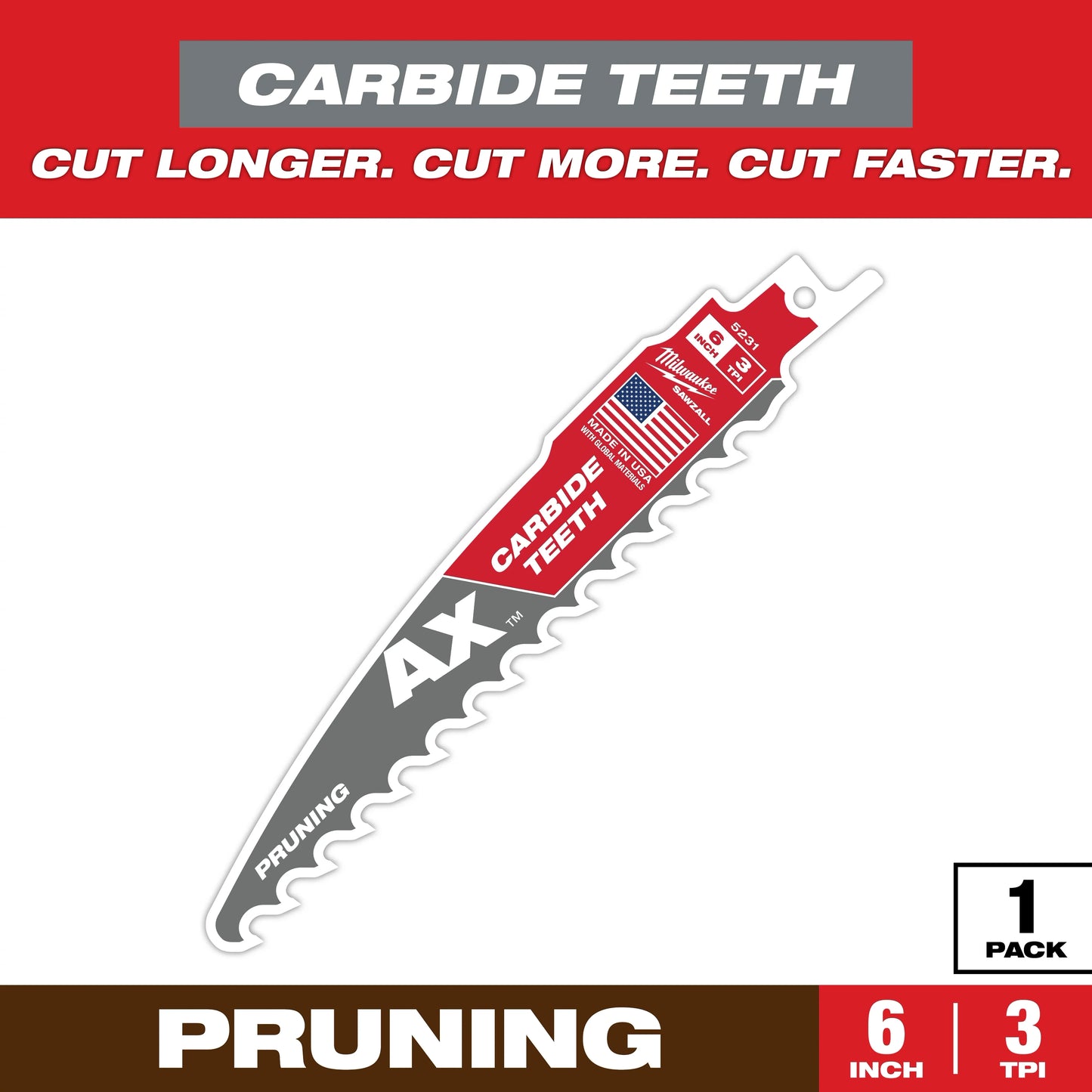 Milwaukee Tool 48-00-5231 6" 3 TPI AX™ with Carbide Teeth SAWZALL® Blade for Pruning (1 PK), 1 EA