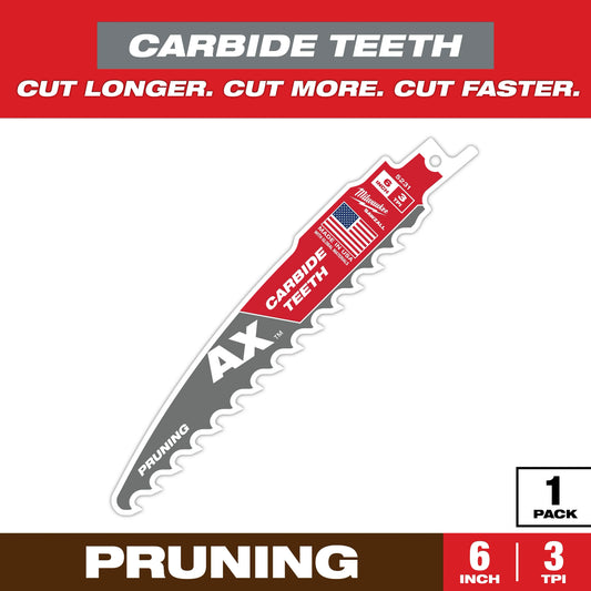 Milwaukee Tool 48-00-5231 6" 3 TPI AX™ with Carbide Teeth SAWZALL® Blade for Pruning (1 PK), 1 EA