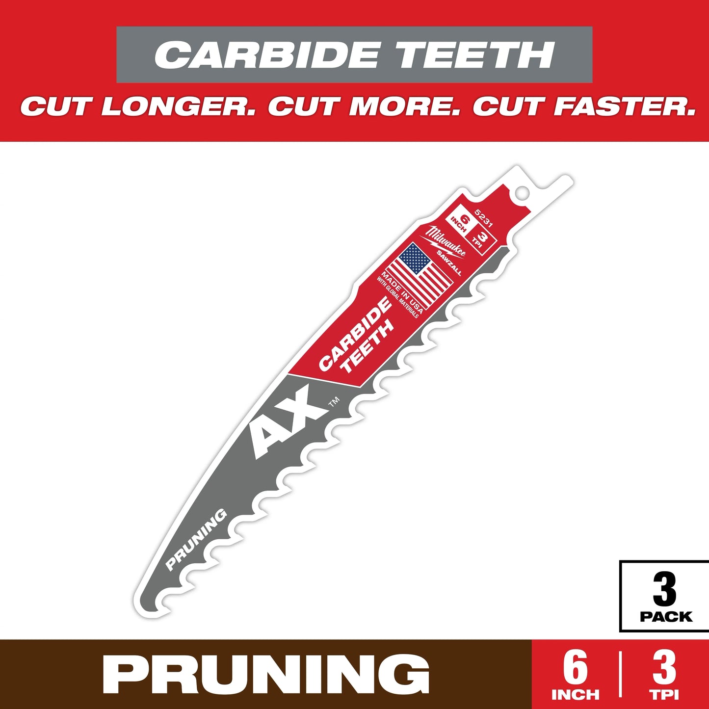 Milwaukee Tool 48-00-5331 6" 3 TPI AX with Carbide Teeth SAWZALL Blade for Pruning (3 PK), 3 EA/PK