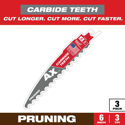 Milwaukee Tool 48-00-5331 6" 3 TPI AX with Carbide Teeth SAWZALL Blade for Pruning (3 PK), 3 EA/PK