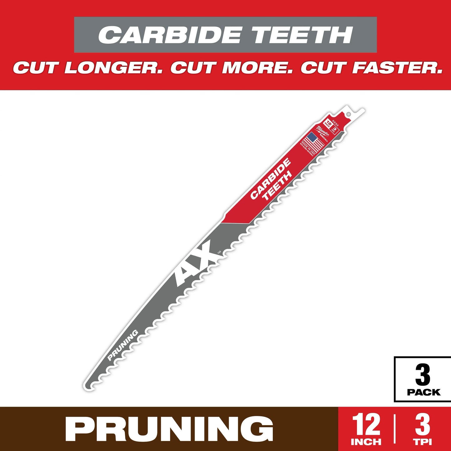 Milwaukee Tool 48-00-5333 12" 3 TPI AX with Carbide Teeth SAWZALL Blade for Pruning, 3 EA/PK