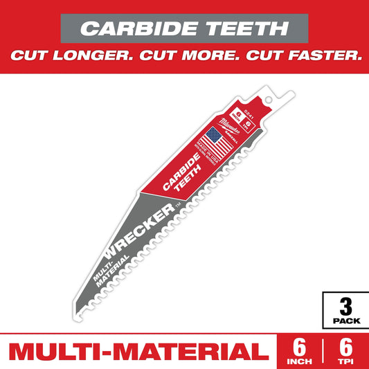 Milwaukee Tool 48-00-5341 6" 6 TPI WRECKER with Carbide Teeth SAWZALL Blade for Multi-Material, 3 EA/PK