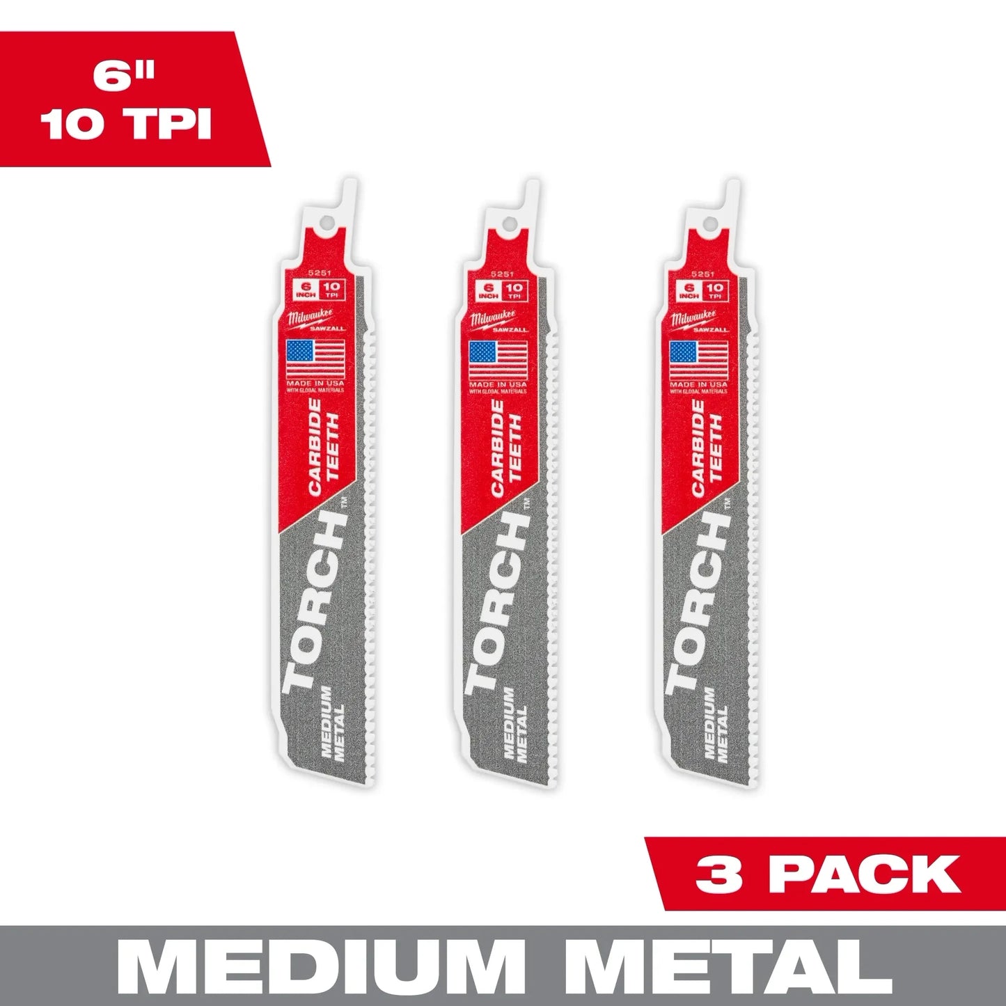 Milwaukee Tool 48-00-5351 6" 10 TPI The Torch With Carbide Teeth For Medium Metal, 3 EA/PK