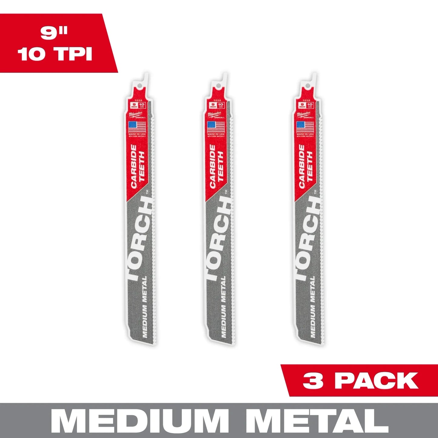 Milwaukee Tool 48-00-5352 9" 10 TPI The Torch With Carbide Teeth For Medium Metal, 3 EA/PK