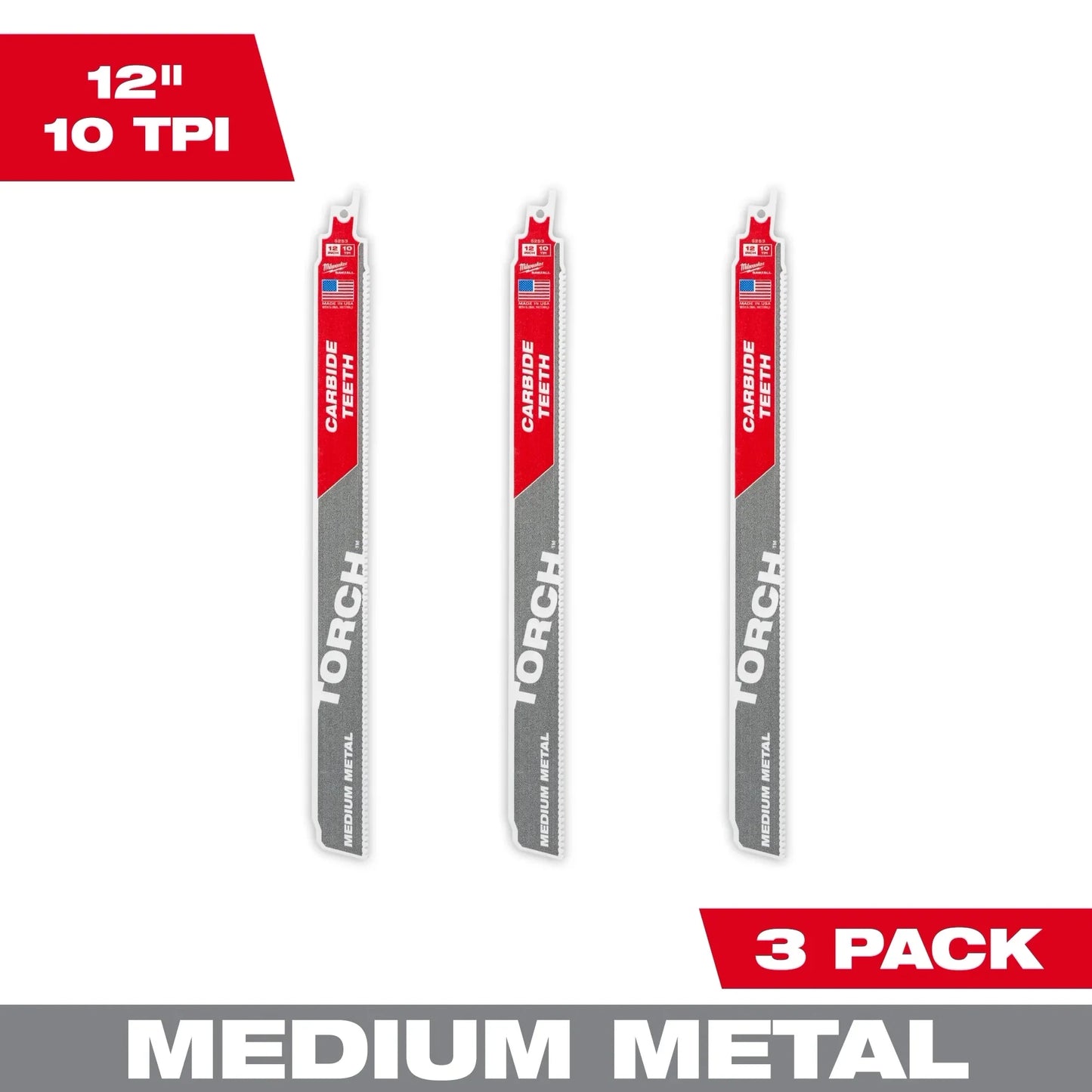 Milwaukee Tool 48-00-5353 12" 10 TPI The Torch With Carbide Teeth For Medium Metal, 3 EA/PK