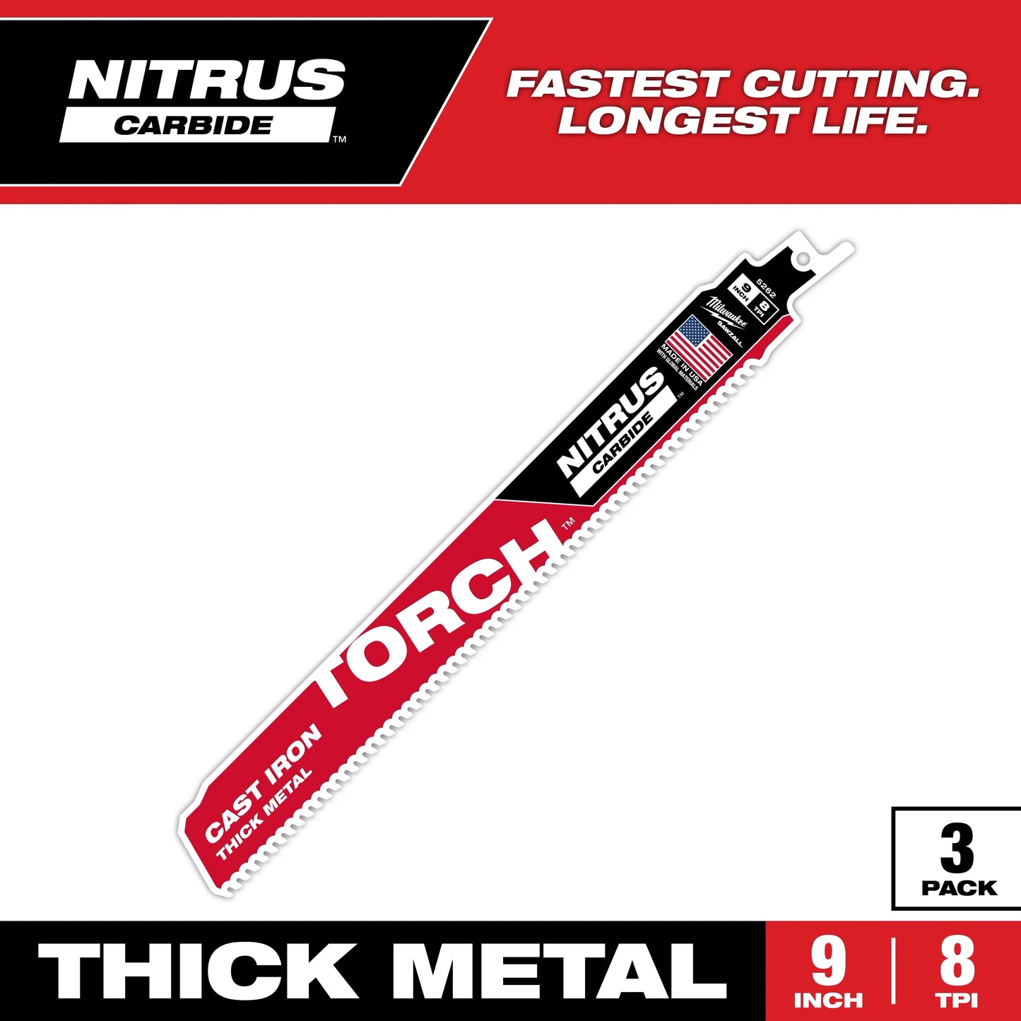 Milwaukee Tool 48-00-5362 Sawzall Torch Reciprocating Blade w/ Nitrus Carbide Teeth 7 TPI 9" Length, 3 EA/PK