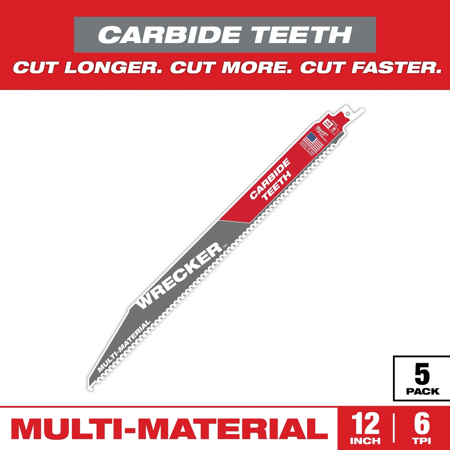 Milwaukee Tool 48-00-5543 12" 6 TPI WRECKER with Carbide Teeth SAWZALL Blade for Multi-Material, 5 EA/PK