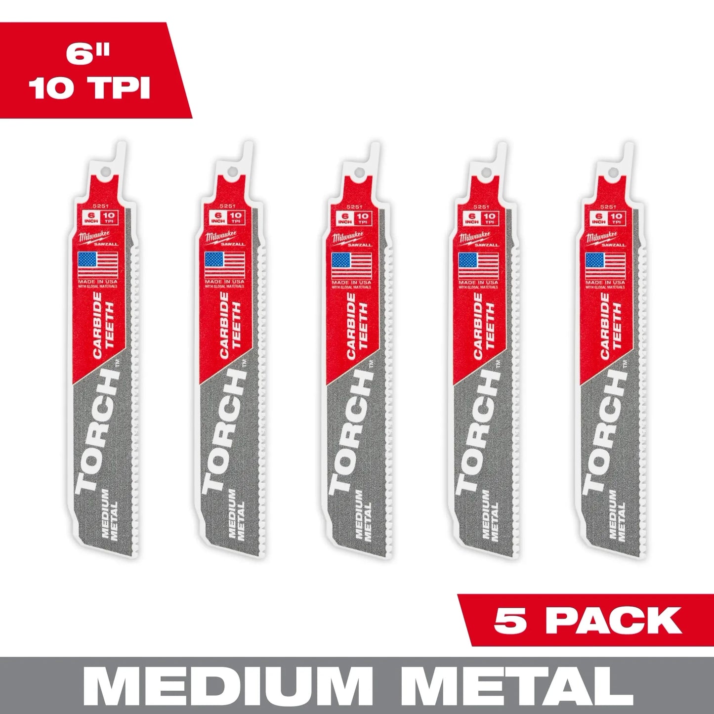 Milwaukee Tool 48-00-5551 6" 10 TPI The Torch With Carbide Teeth For Medium Metal, 5 EA/PK
