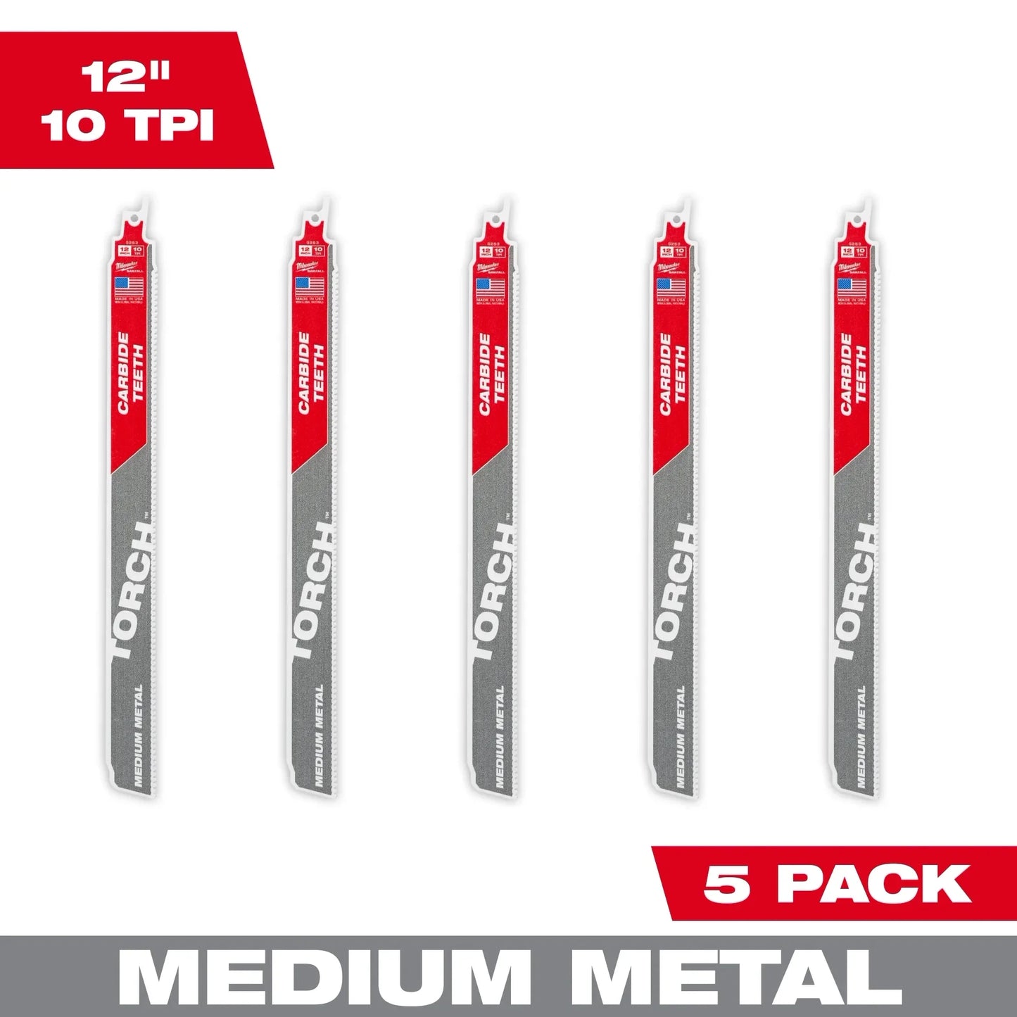 Milwaukee Tool 48-00-5553 12" 10 TPI The Torch With Carbide Teeth For Medium Metal, 5 EA/PK