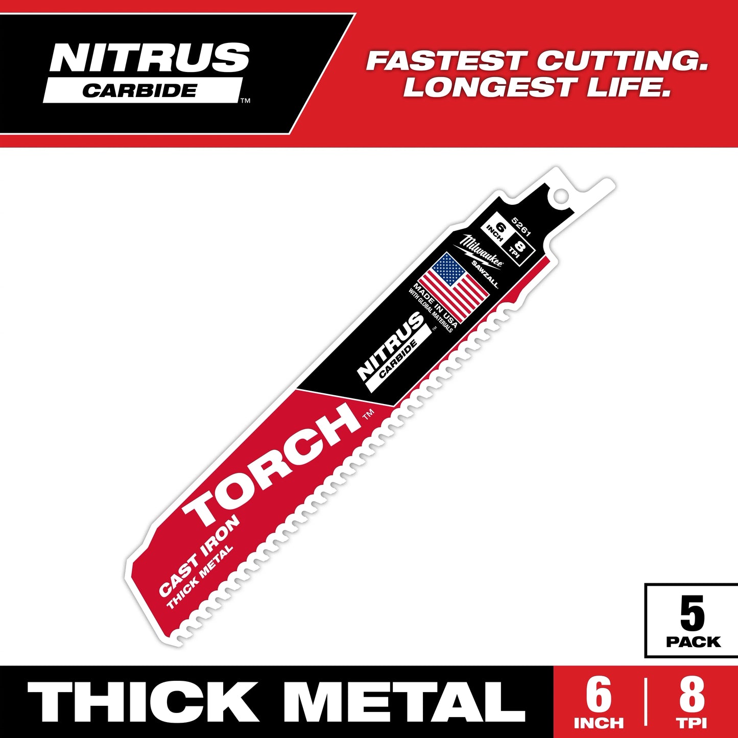 Milwaukee Tool 48-00-5561 Sawzall Torch Reciprocating Blade w/ Nitrus Carbide Teeth 7 TPI 6" Length, 5 EA/PK