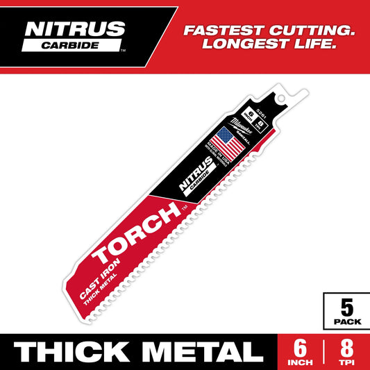 Milwaukee Tool 48-00-5561 Sawzall Torch Reciprocating Blade w/ Nitrus Carbide Teeth 7 TPI 6" Length, 5 EA/PK