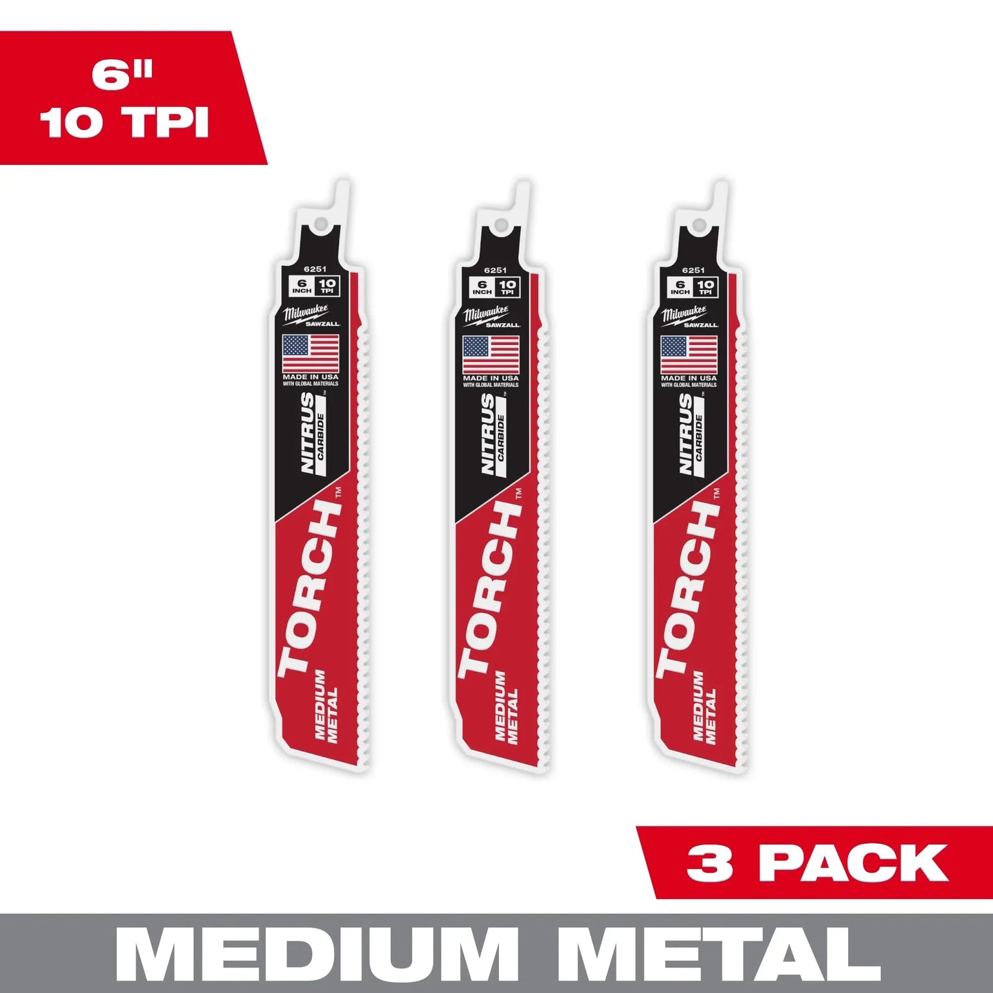 Milwaukee Tool 48-00-6351 6" 10 TPI The Torch With Nitrus Carbide Teeth For Medium Metal, 3 EA/PK