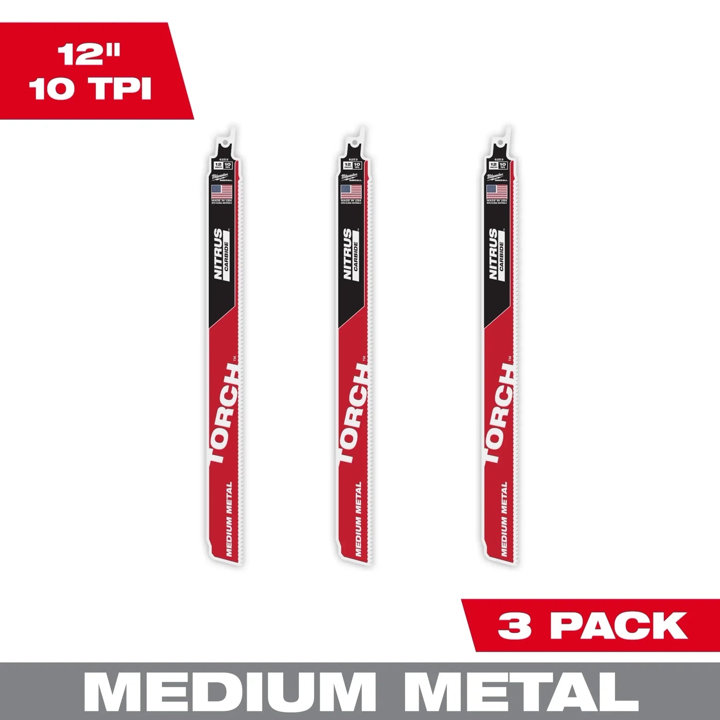 Milwaukee Tool 48-00-6353 12" 10 TPI The Torch With Nitrus Carbide Teeth For Medium Metal, 3 EA/PK