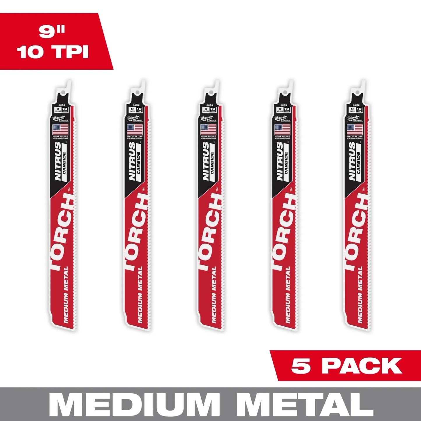Milwaukee Tool 48-00-6552 9" 10 TPI The Torch With Nitrus Carbide Teeth For Medium Metal, 5 EA/PK