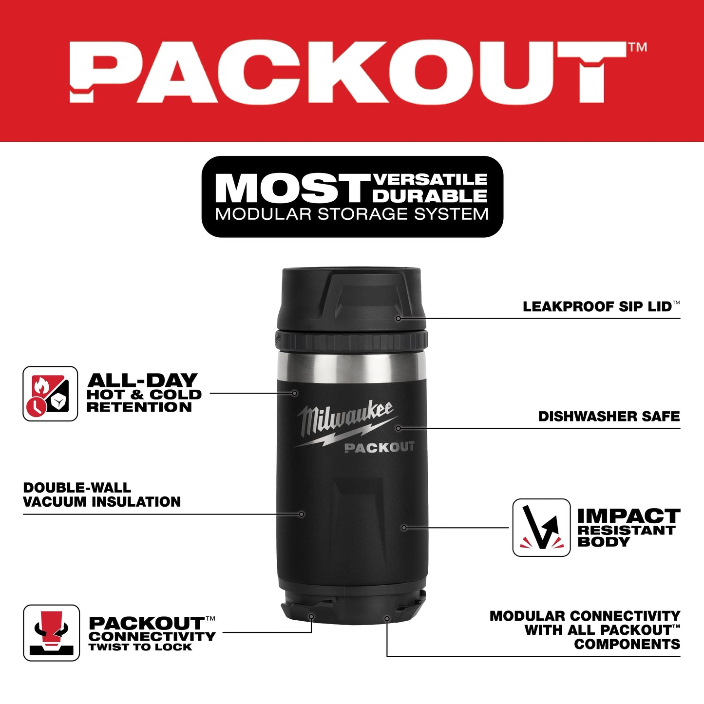 Milwaukee Tool 48-22-8391B PACKOUT 12 oz. Insulated Bottle with Sip Lid, 8 EA/CA