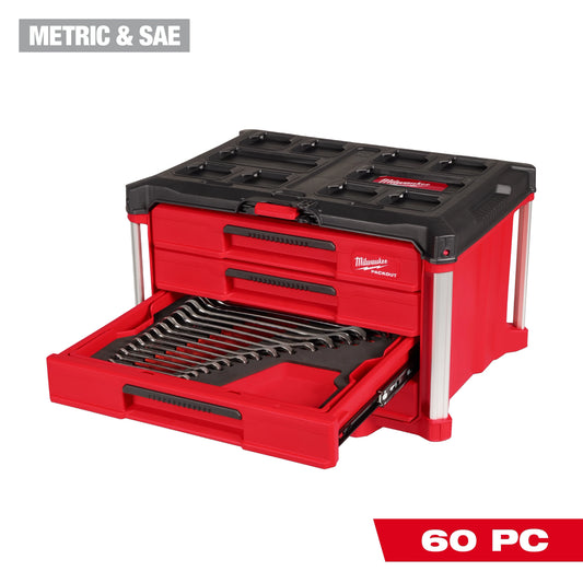 Milwaukee Tool 48-22-9492 60 Piece Metric & SAE Combination Wrench Set with PACKOUT 4 Drawer Tool Box, 1 ST