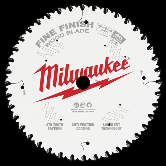 Milwaukee Tool 48-41-0726 7-1/4" Fine Finish Wood Cutting Circular Saw Blade w/ 40 ATB Teeth 5/8" Arbor, 10 EA/PK