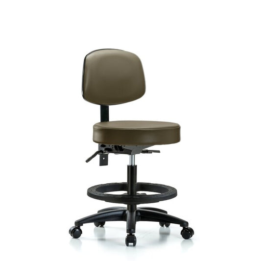 Blue Ridge Ergonomics VMBST-RG-T0-BF-RC-8809 Rutledge Vinyl Stool with Back - Medium Bench Height with Black Foot Ring & Casters in Taupe Supernova™ Vinyl