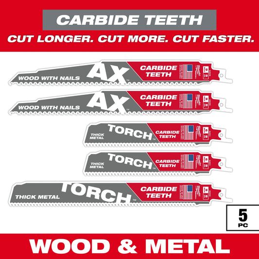 Milwaukee Tool 49-22-5505 5PC Wood and Metal Cutting Carbide Teeth SAWZALL® Blade Set, 1 ST