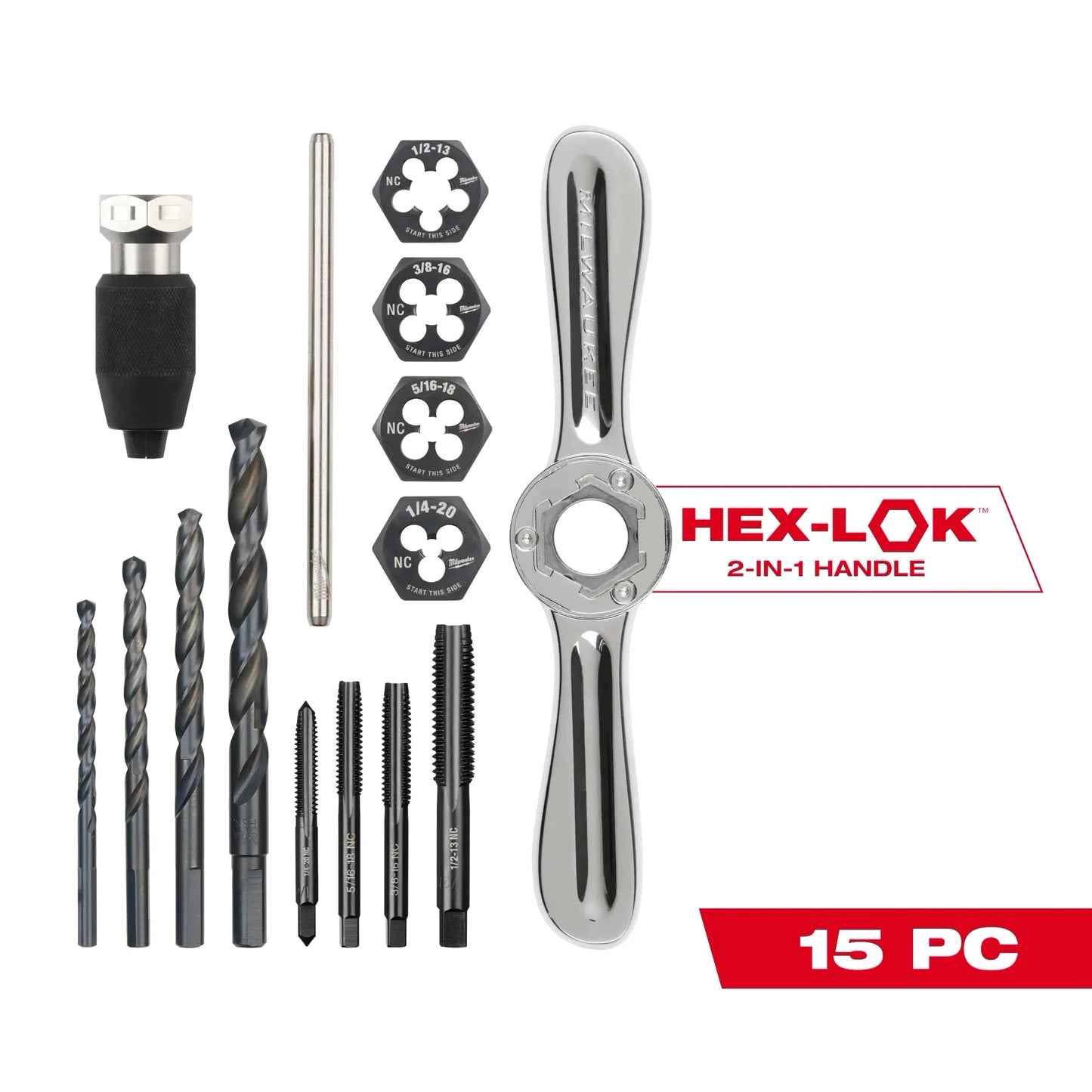 Milwaukee Tool 49-22-5602 15PC SAE Tap and Die Set with HEX-LOK™ 2-in-1 Handle, 1 ST