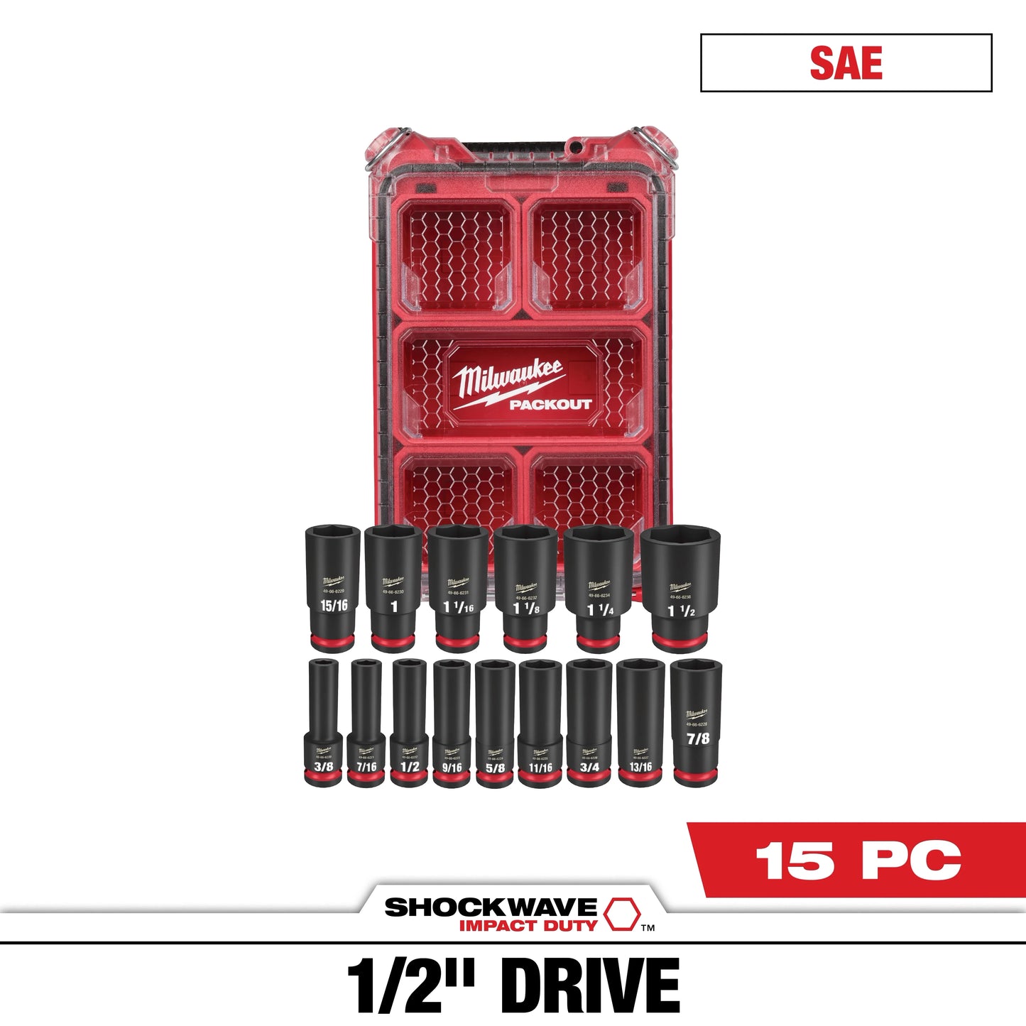 Milwaukee Tool 49-66-6802 15PC SHOCKWAVE™ Impact Duty Socket 1/2” Drive SAE Set with PACKOUT™, 1 ST