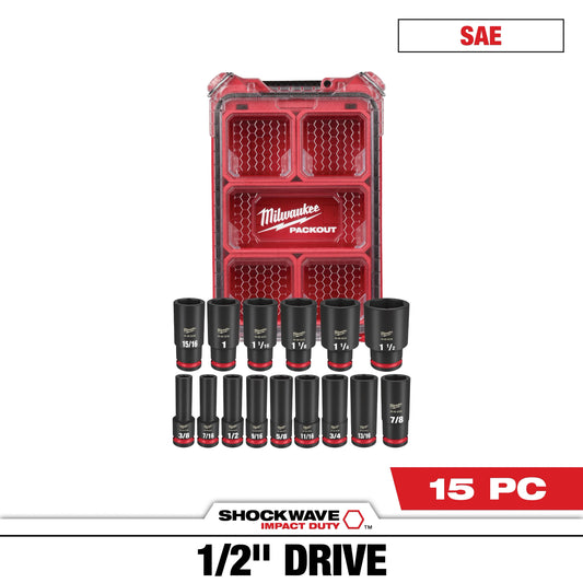 Milwaukee Tool 49-66-6802 15PC SHOCKWAVE™ Impact Duty Socket 1/2” Drive SAE Set with PACKOUT™, 1 ST