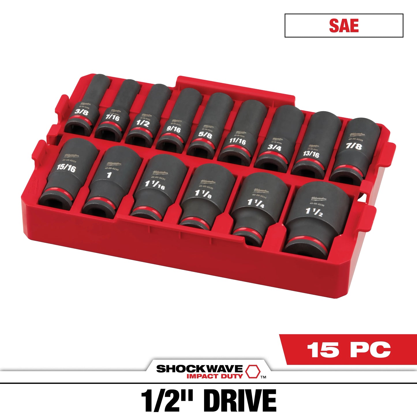 Milwaukee Tool 49-66-6817 15PC SHOCKWAVE™ Impact Duty Socket 1/2” Drive SAE TRAY Set, 1 ST