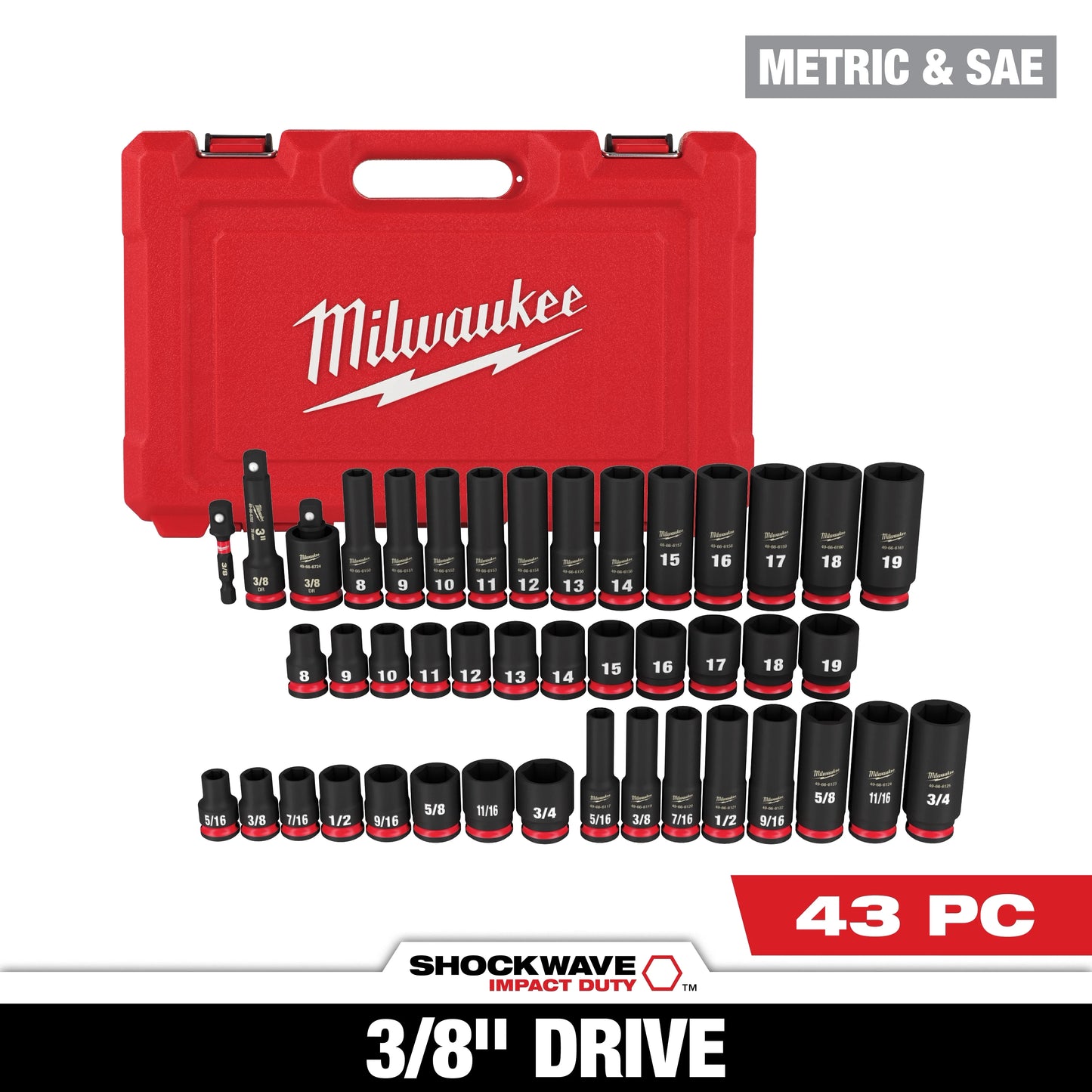 Milwaukee Tool 49-66-7009 43PC SHOCKWAVE™ Impact Duty 3/8" Drive SAE & Metric Deep 6 Point Socket Set, 1 ST