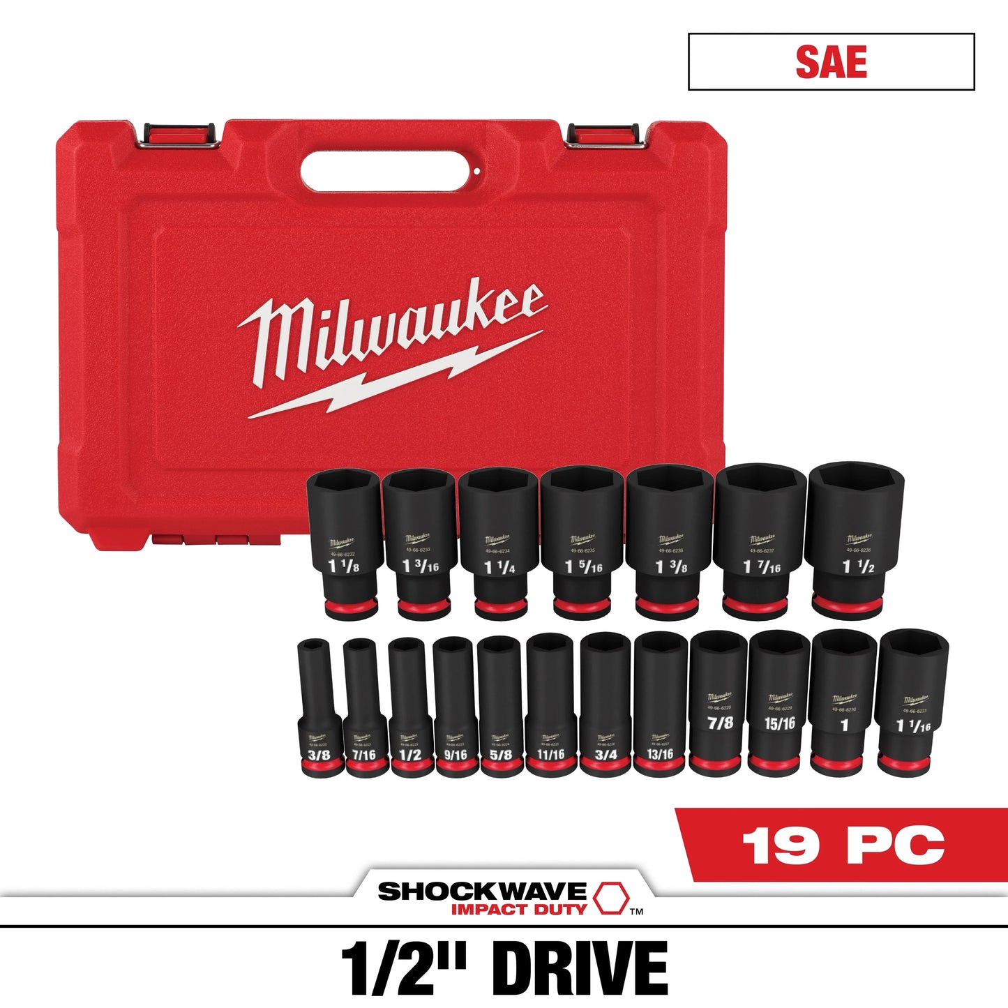 Milwaukee Tool 49-66-7012 19PC SHOCKWAVE™ Impact Duty 1/2" Drive SAE Deep 6 Point Socket Set, 1 ST
