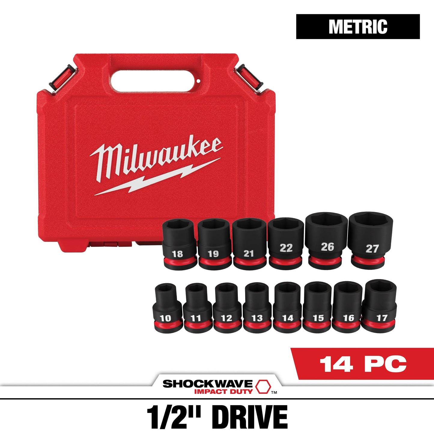 Milwaukee Tool 49-66-7013 14PC SHOCKWAVE™ Impact Duty 1/2" Drive Metric Standard 6 Point Socket Set, 1 ST