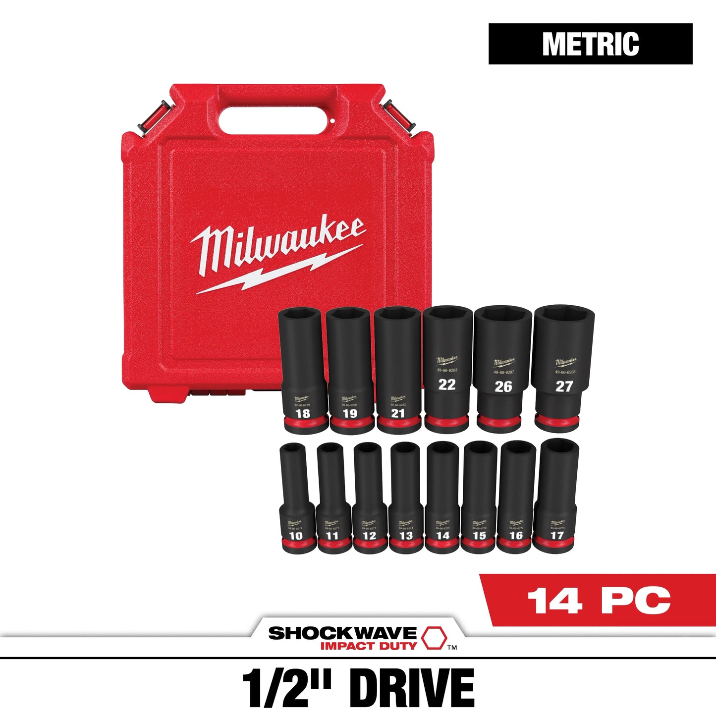 Milwaukee Tool 49-66-7014 14PC SHOCKWAVE™ Impact Duty 1/2" Drive Metric Deep 6 Point Socket Set, 1 ST