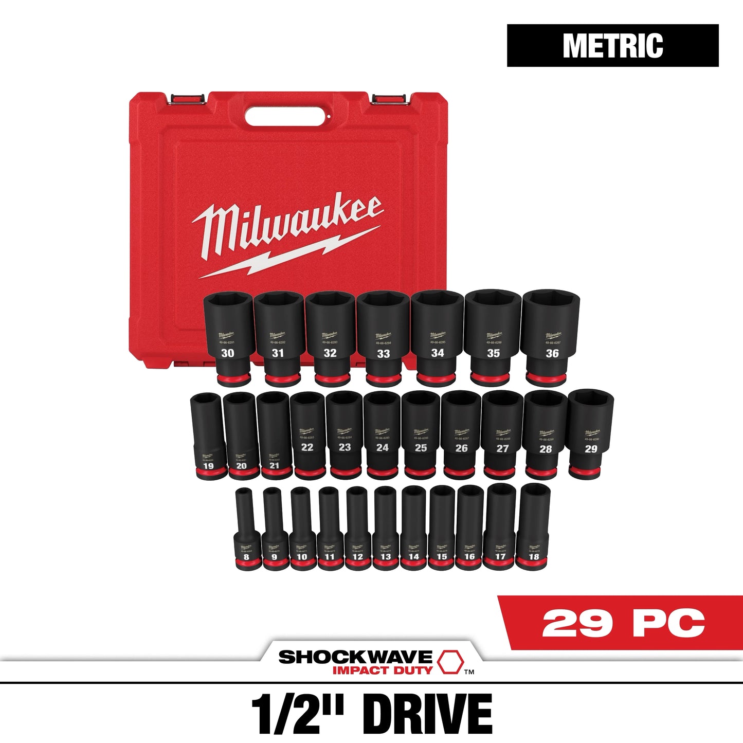 Milwaukee Tool 49-66-7015 29PC SHOCKWAVE™ Impact Duty 1/2" Drive Metric Deep 6 Point Socket Set, 1 ST