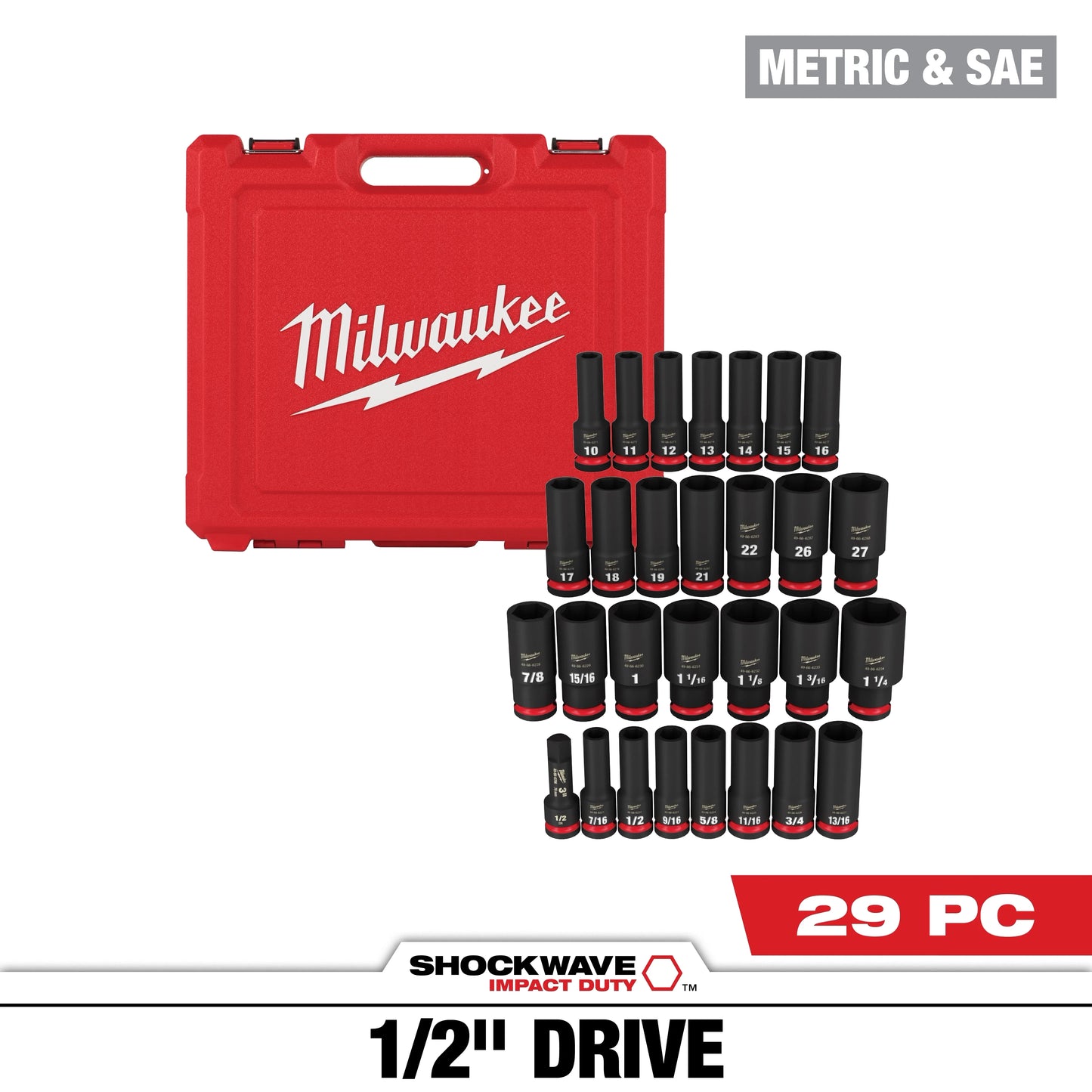Milwaukee Tool 49-66-7016 29PC SHOCKWAVE™ Impact Duty 1/2" Drive SAE & Metric Deep 6 Point Socket Set, 1 ST