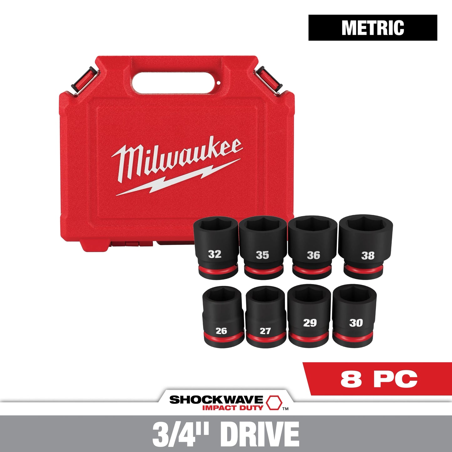 Milwaukee Tool 49-66-7019 8PC SHOCKWAVE™ Impact Duty 3/4" Drive Metric Standard 6 Point Socket Set, 1 ST