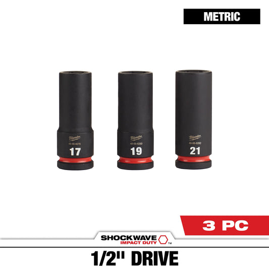 Milwaukee Tool 49-66-7025 3PC SHOCKWAVE™ Impact Duty 1/2" Drive Metric Deep 6 Point Socket Set, 1 ST