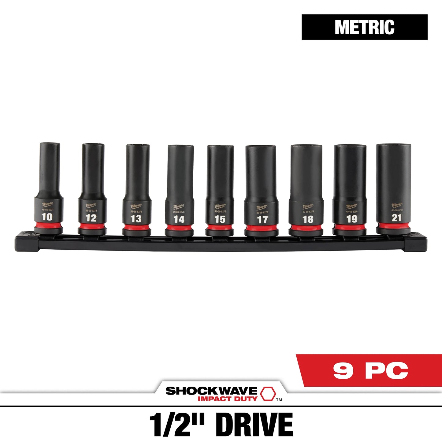Milwaukee Tool 49-66-7032 9PC SHOCKWAVE™ Impact Duty 1/2" Drive Metric Deep 6 Point Socket Set, 1 ST