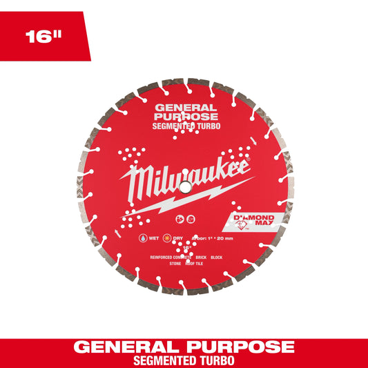 Milwaukee Tool 49-93-9016 16" DIAMOND MAX Segmented Turbo General Purpose Diamond Blade, 1 EA