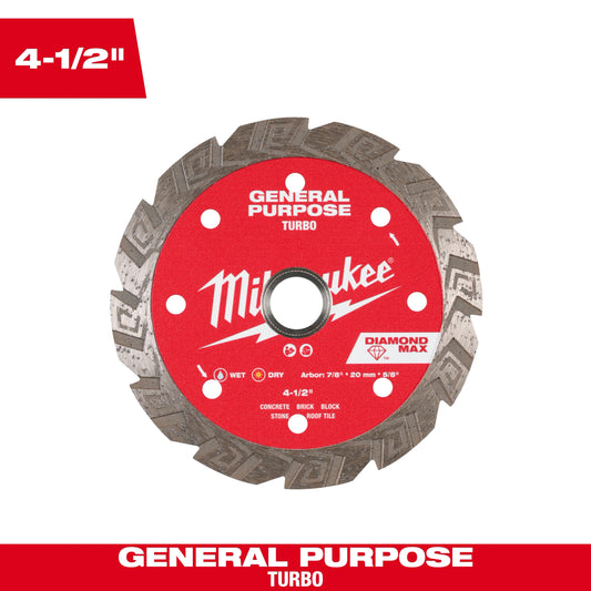 Milwaukee Tool 49-93-9104 4-1/2" DIAMOND MAX™ Turbo, General Purpose Diamond Blade, 1 EA