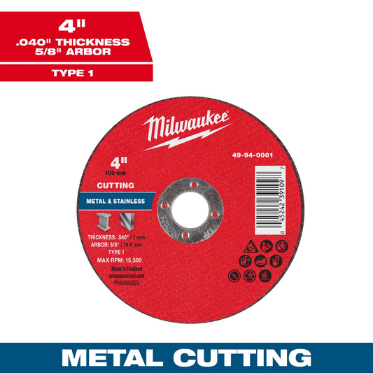Milwaukee Tool 49-94-0001 4" x .040" x 5/8" Metal Cut Off Wheel - Type 1, 1 EA