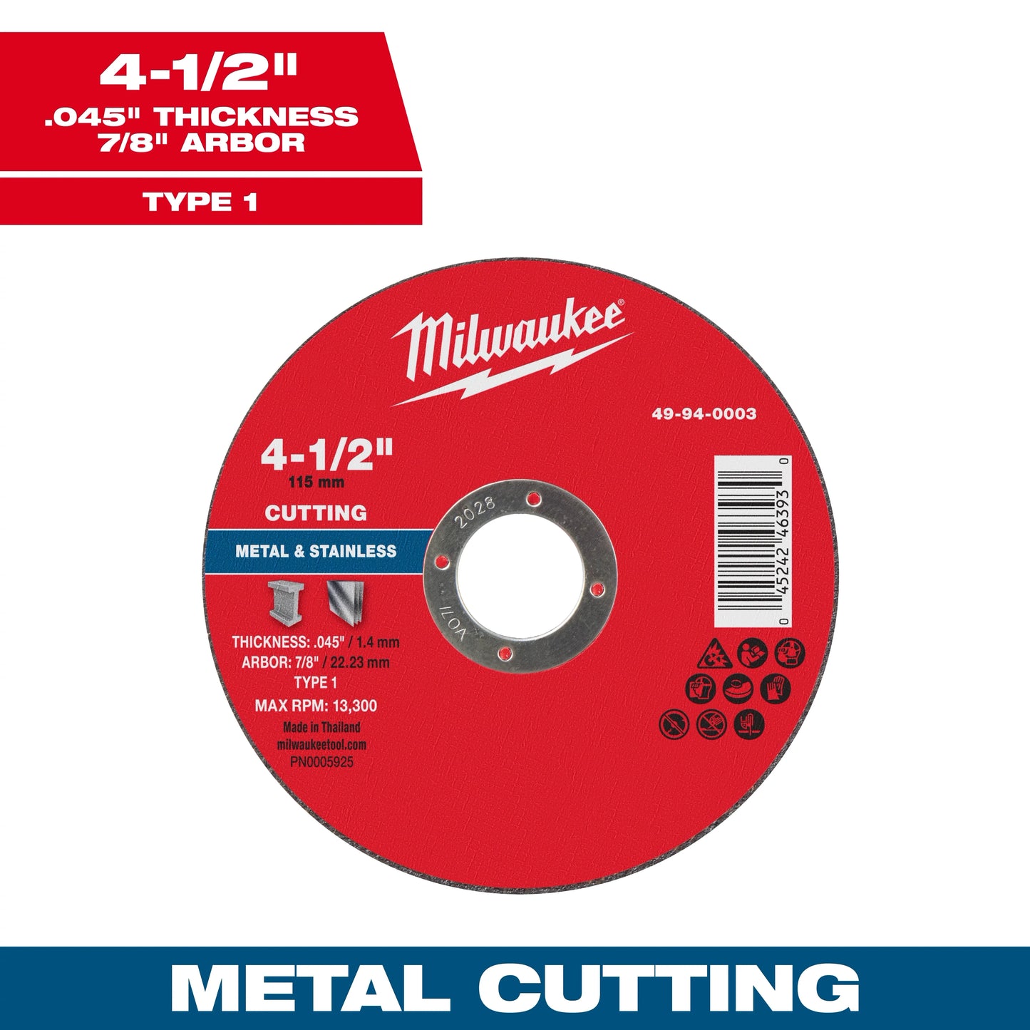 Milwaukee Tool 49-94-0003 4-1/2" x .045" x 7/8" Metal Cut Off Wheel -Type 1, 1 EA