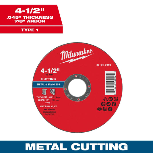 Milwaukee Tool 49-94-0005 4-1/2" x .045" x 7/8" Metal Cut Off Wheels - Type 1, 1 EA