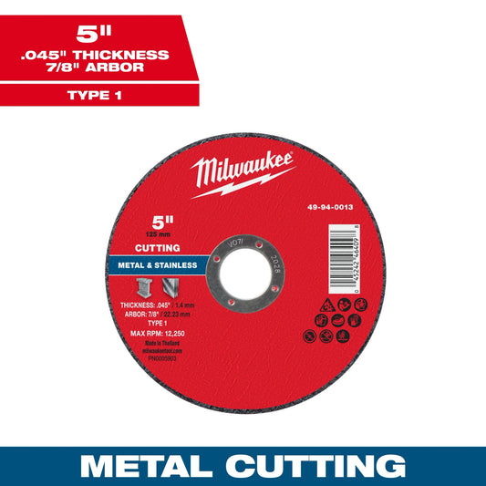 Milwaukee Tool 49-94-0013 5" x .045" x 7/8" Metal Cut Off Wheel - Type 1, 1 EA