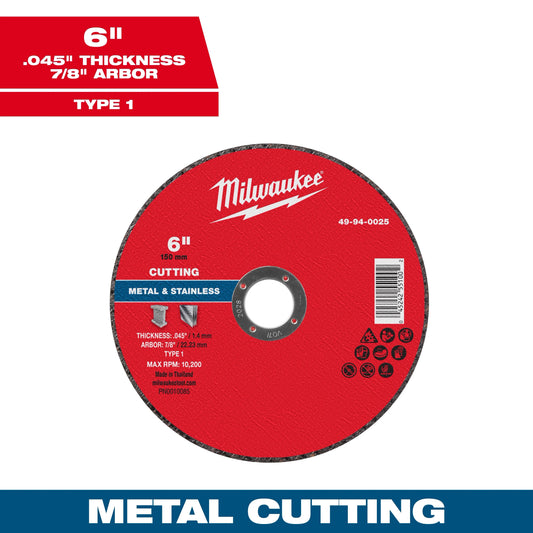 Milwaukee Tool 49-94-0025 6" x .045" x 7/8" Metal Cut Off Wheels - Type 1, 1 EA