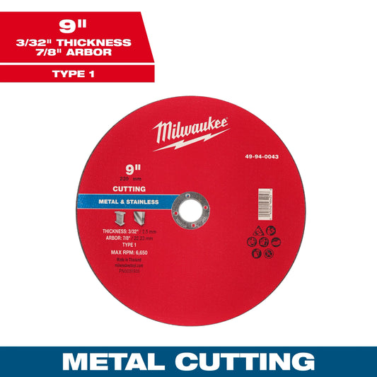 Milwaukee Tool 49-94-0043 9" x 3/32" x 7/8" Metal Cut Off Wheel - Type 1, 1 EA
