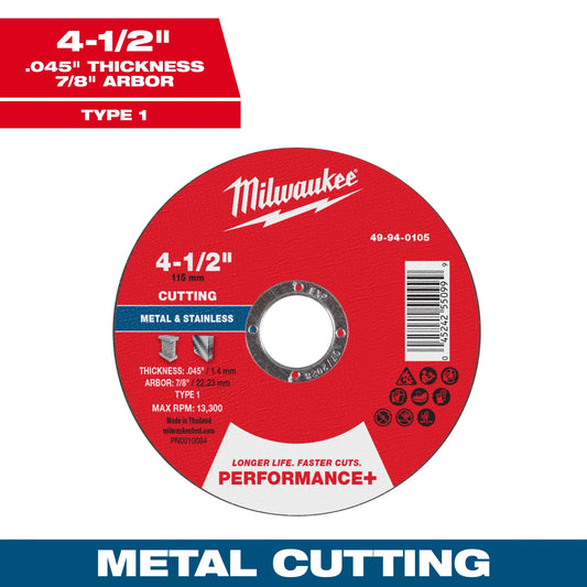 Milwaukee Tool 49-94-0105 4-1/2" x .045" x 7/8" Performance & Metal Cut Off Wheel - Type 1, 1 EA